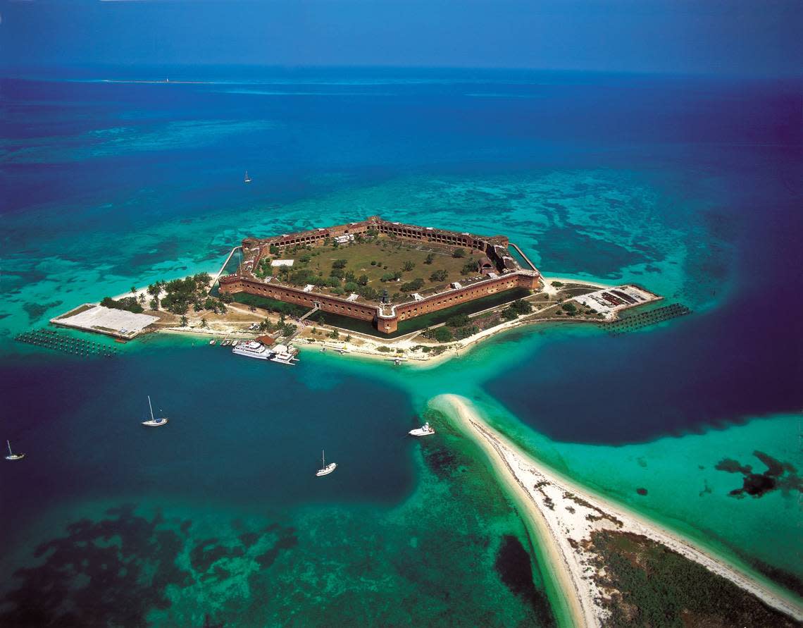 Six-sided Fort Jefferson sits on Garden Key in the Dry Tortugas and was constructed over 40 years in the mid 1800s to stand sentry over the important shipping channel.