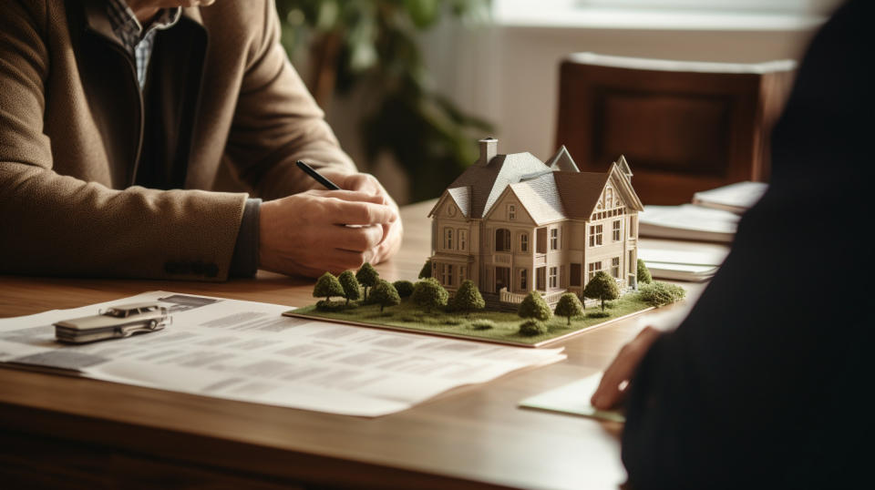 An insurance agent at their desk consulting a customer about property & casualty insurance.