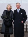 <p>On a visit to the U.S., Camilla posed with Prince Charles in front of the Lincoln Memorial in Washington, DC wearing this geometric patterned charcoal and black coat. </p>