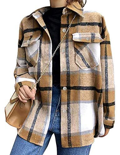 5) Wool Blend Plaid Lapel Button Short Pocketed Shacket