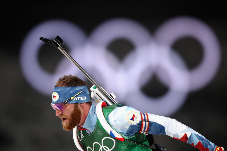 <p>Michal Slesingr of Czech Republic competes during the Men’s 4×7.5km Biathlon Relay on day 14 of the PyeongChang 2018 Winter Olympic Games at Alpensia Biathlon Centre on February 23, 2018 in South Korea.<br> (Photo by Clive Mason/Getty Images) </p>