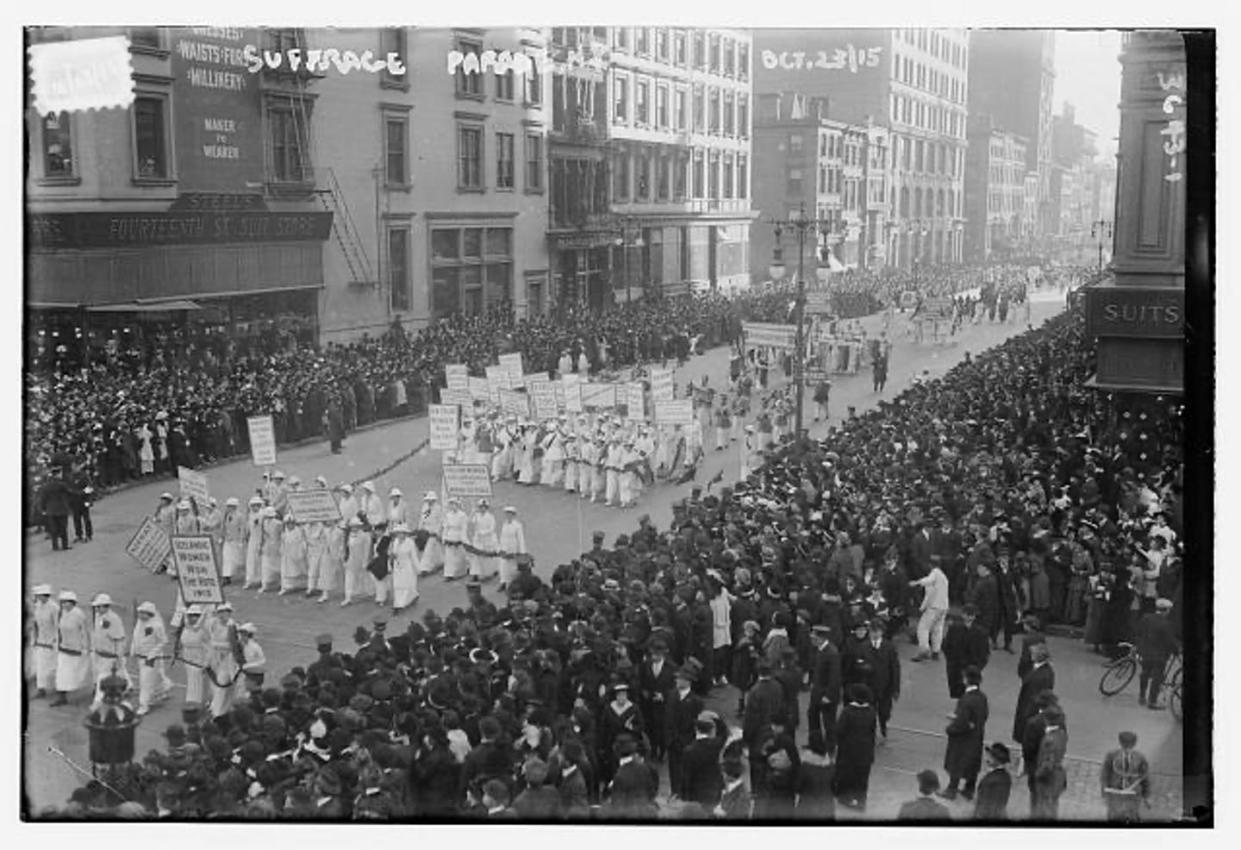 A suffrage parade. <a href="https://www.loc.gov/pictures/item/2014700130/" rel="nofollow noopener" target="_blank" data-ylk="slk:Library of Congress, Prints & Photographs Division;elm:context_link;itc:0;sec:content-canvas" class="link ">Library of Congress, Prints & Photographs Division</a>