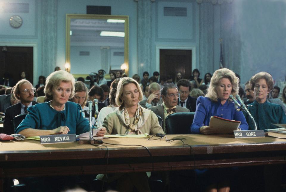 The Grim Reapers: The Ladies of the PMRC, all wives of then sitting senators, at the Senate hearings to ban music lyrics they found offensive. Fun fact: as soon as the record industry discovered that the PMRC’s suggested warning label sold <em>more</em> records, they immediately relented and slapped it on every album possible! (Photo by Mark Weiss/Getty Images)