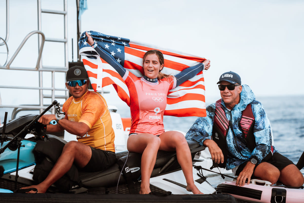 Golden girl, golden moment: Caroline Marks wins at Paris 2024 in Teahupo'o, Tahiti.<p>Photo: ISA/Juani Gayol</p>