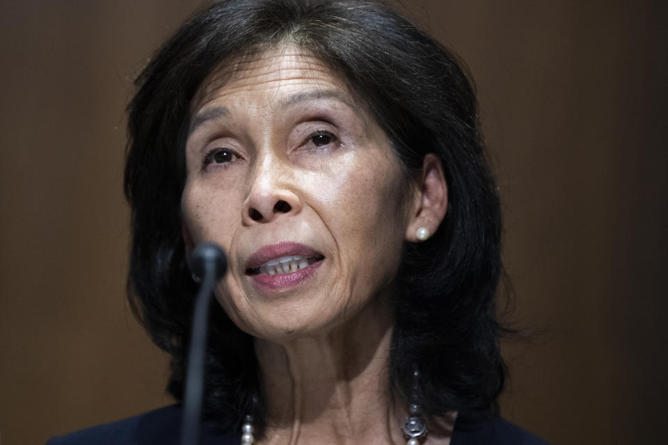 UNITED STATES - MAY 25: Nellie Liang, nominee to be an under secretary of the Treasury, is seen during her Senate Finance Committee confirmation hearing, May 25, 2021.(Photo By Tom Williams/CQ-Roll Call, Inc via Getty Images)