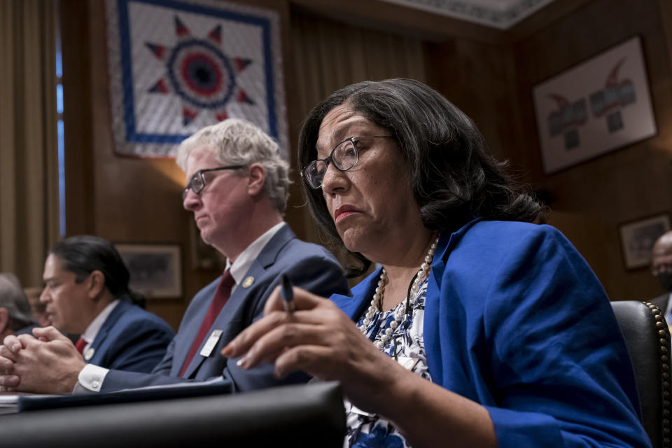 Marilyn Vann, president of the Descendants of Freedmen of the Five Tribes Association of Oklahoma City, testifies before the Senate Indian Affairs Committee about the status of the descendants of enslaved people formerly held by the Muscogee (Creek), Chickasaw, Choctaw, Seminole and Cherokee Nations, at the Capitol in Washington, Wednesday, July 27, 2022. (AP Photo/J. Scott Applewhite)