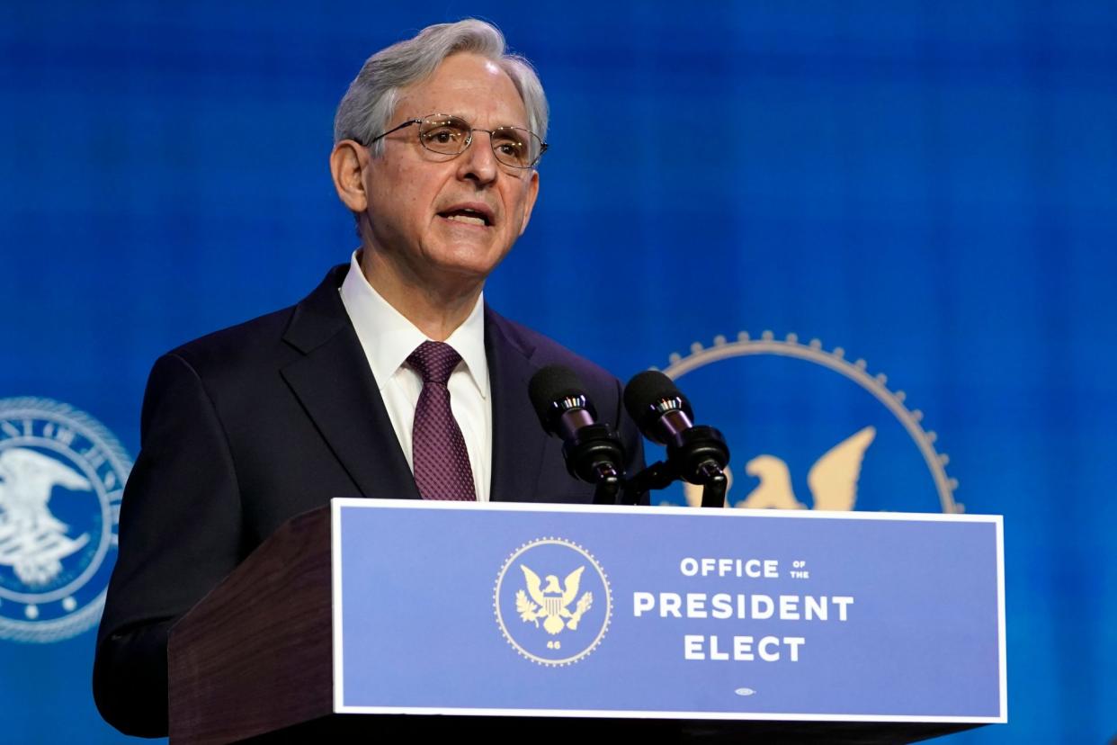 Mandatory Credit: Photo by Susan Walsh/AP/Shutterstock (11698545m)Attorney General nominee Merrick Garland speaks during an event with President-elect Joe Biden and Vice President-elect Kamala Harris at The Queen theater in Wilmington, DelBiden, Wilmington, United States - 07 Jan 2021.