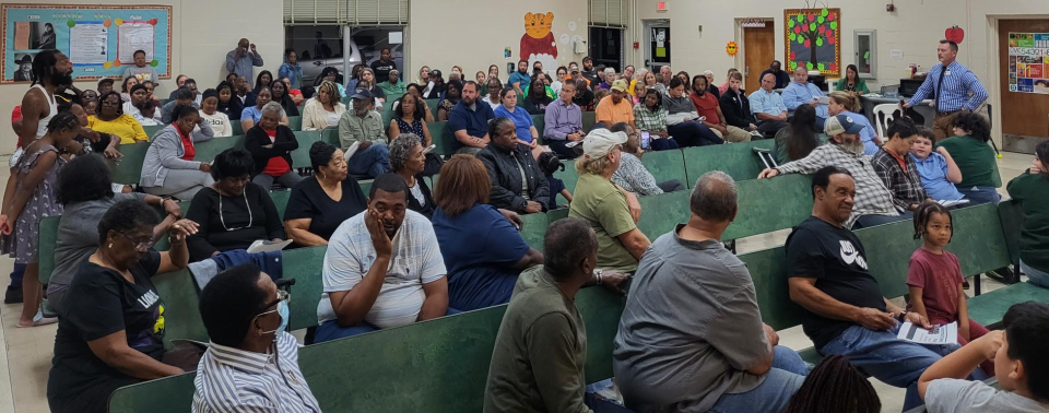 Ryan Bourgeois raises his voice at Terrebonne Parish Superintendent Bubba Orgeron for considering closing Gibson Elementary School, Oct. 6. Bourgeois's daughter Emmalie attends the school.