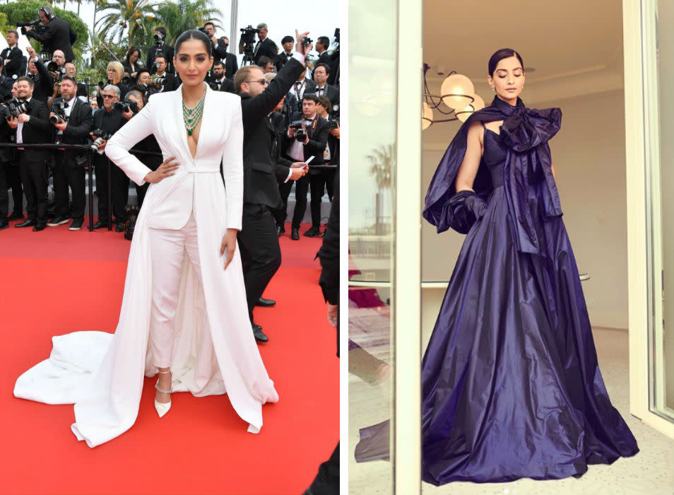 For her red carpet appearance, Sonam appeared in an all-white ethereal look in an ensemble by Ralph and Russo. Channeling fierce boss lady vibes, Sonam wore a gorgeous couture tuxedo which featured a glorious plunging neckline. For her non-red carpet appearance, she wore this purple outfit with sleek backed hair.