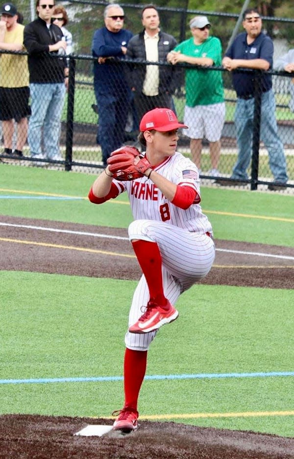 Honesdale ace Joseph Curreri deals to the dish against Old Forge during a special one-game playoff for the Lackawanna League Division II title.