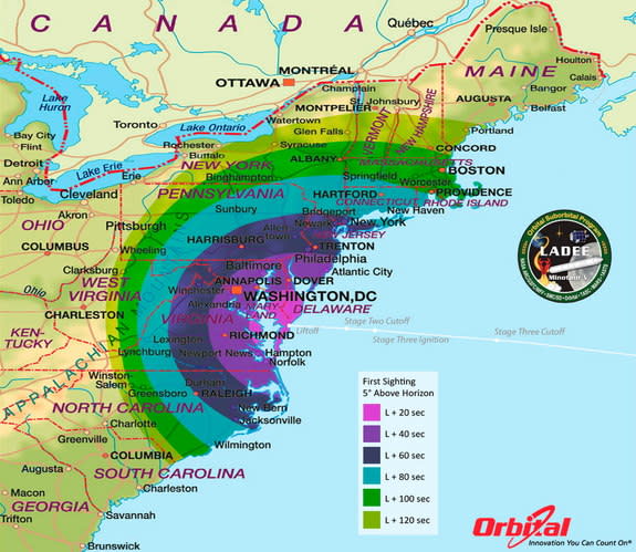 This map shows the rough time at which you can first expect to see the Minotaur V rocket after it is launched. It represents the time at which the rocket will reach 5 degrees above the horizon and varies depending on your location along the eas