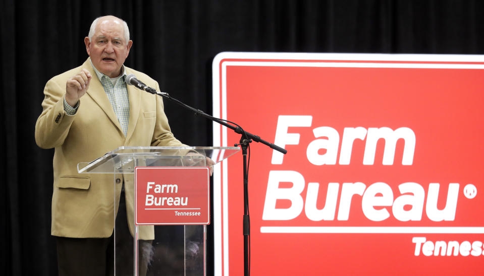 Agriculture Secretary Sonny Perdue speaks Tuesday, Dec. 18, 2018, in Lebanon, Tenn. Perdue and Acting EPA administrator Andrew Wheeler met with farmers about a new Trump administration proposal to redefine "waters of the United States." (AP Photo/Mark Humphrey)