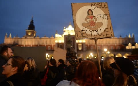 Pro-Choice protesters in Krakow Main Square, as thousands of women protested today in Krakow city center during a 'Black protest' - Credit:  NurPhoto/ NurPhoto