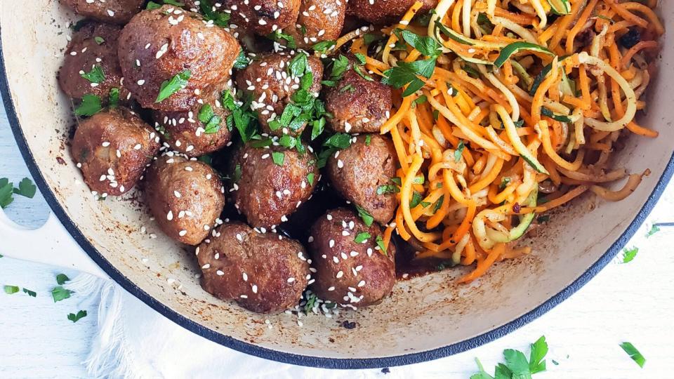 garlicky sesame turkey meatballs with zucchini butternut squash noodles