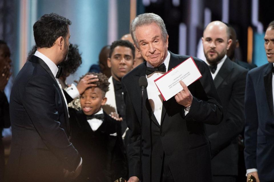 2017: the cast of 'La La Land' mistakenly awarded the Oscar for Best Picture from presenters Faye Dunaway and Warren Beatty during the 89th annual Academy Awards ceremony at the Dolby Theatre in Hollywood (EPA)