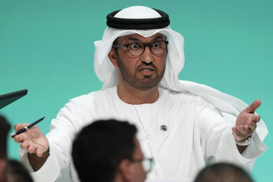 COP28 President Sultan al-Jaber speaks during a news conference at the COP28 U.N. Climate Summit, Monday, Dec. 4, 2023, in Dubai, United Arab Emirates. (AP Photo/Kamran Jebreili)