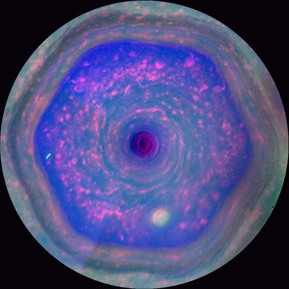 This colorful view from NASA's Cassini mission is the highest-resolution view of the unique six-sided jet stream at Saturn's north pole known as "the hexagon." Image obtained on Dec. 10, 2012.
