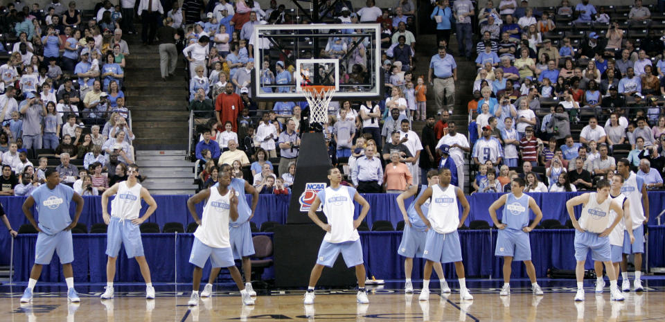 North Carolina fans fill the seats to watch the Tar Heels practice for the NCAA East Regional basketball tournament Wednesday, March 14, 2007, in Winston-Salem, N.C. North Carolina will play Eastern Kentucky on Thursday. (AP Photo/David J. Phillip)