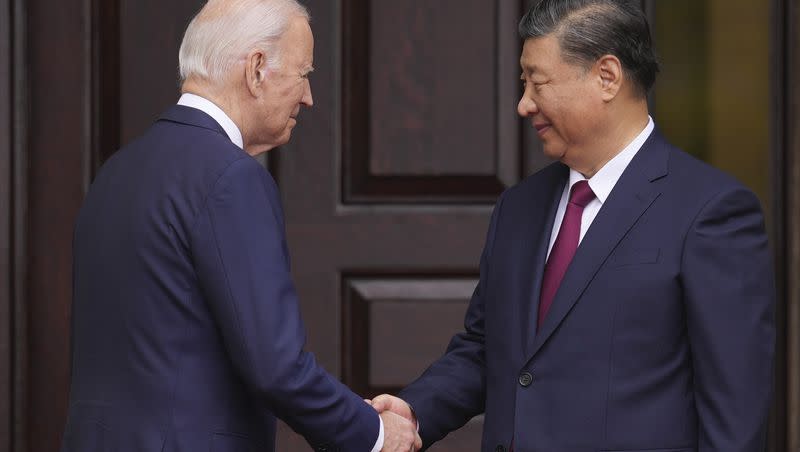 President Joe Biden greets China’s President President Xi Jinping at the Filoli Estate in Woodside, Calif., on Wednesday, Nov, 15, 2023, on the sidelines of the Asia-Pacific Economic Cooperative conference.