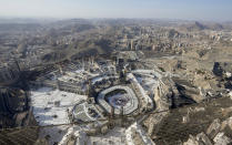 A general view of the Grand Mosque is seen from the Clock Tower during the Hajj pilgrimage in the Muslim holy city of Mecca, Saudi Arabia, Wednesday, July 6, 2022. (AP Photo/Amr Nabil)