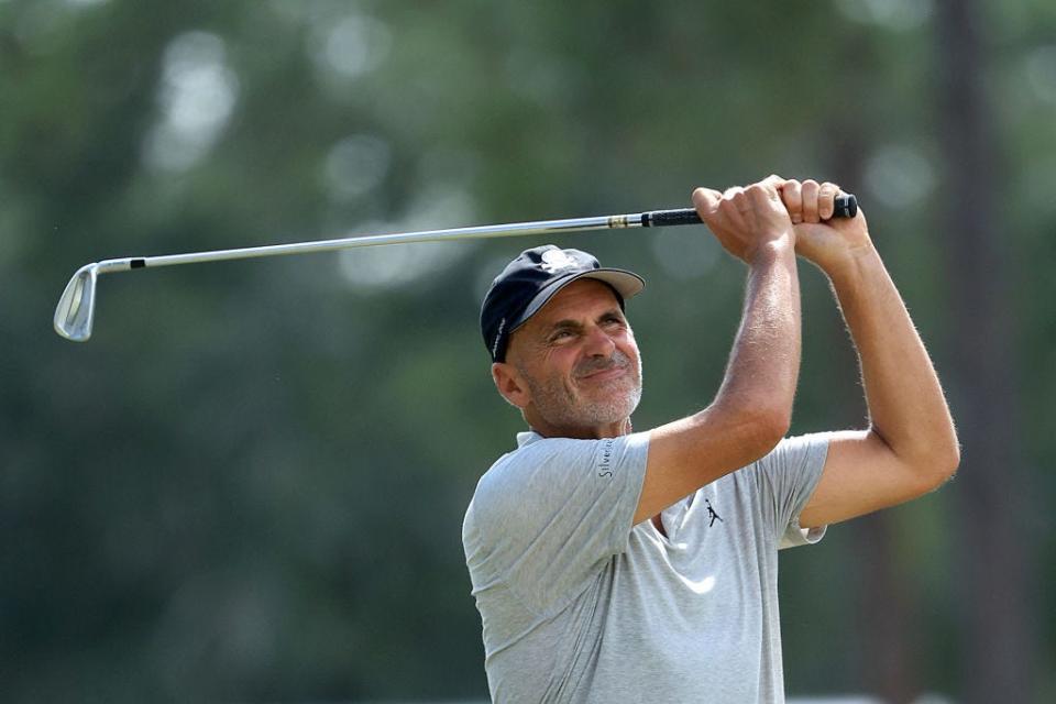 Rocco Mediate watches his ball flight to the eighth green of the Timquana Country Club on Oct. 4 during the first round of the Constellation Furyk & Friends.