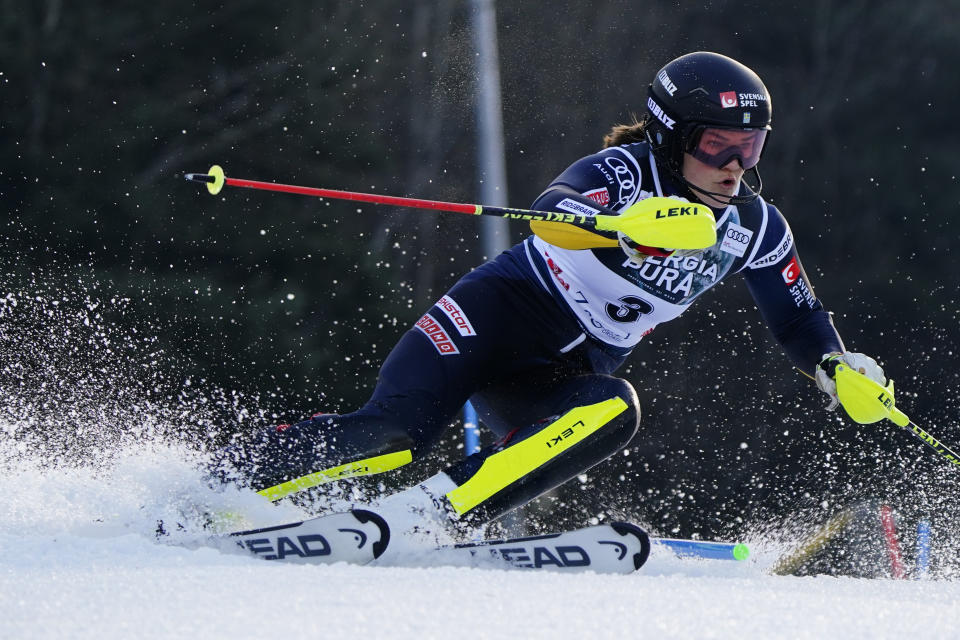 Sweden's Anna Swennn-Larsson speeds down the course during an alpine ski, women's World Cup slalom race, in Zagreb, Croatia, Wednesday, Jan. 4, 2023. (AP Photo/Piermarco Tacca)