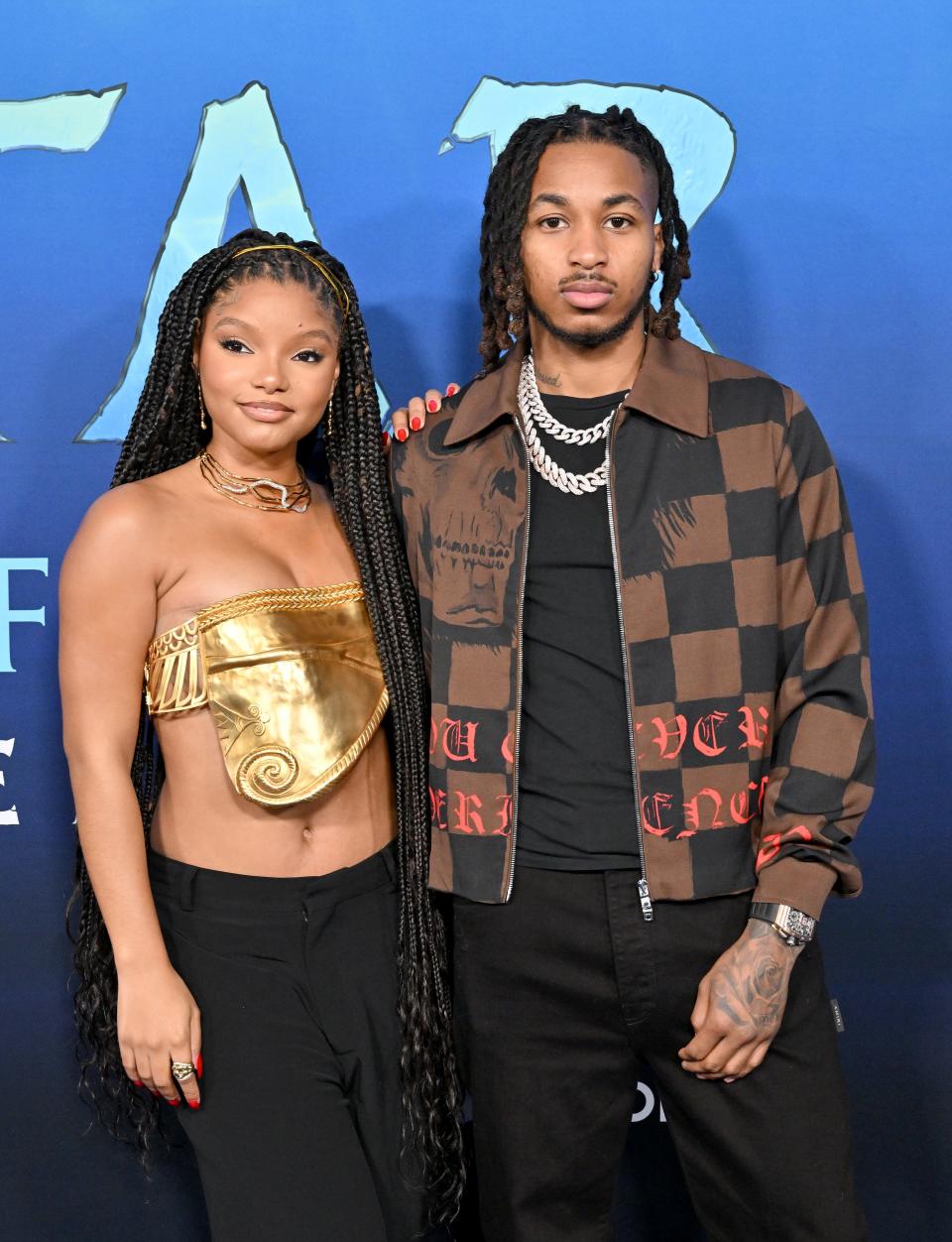 Halle Bailey and DDG attend 20th Century Studio's "Avatar 2: The Way of Water" U.S. Premiere at Dolby Theatre on December 12, 2022 in Hollywood, California.