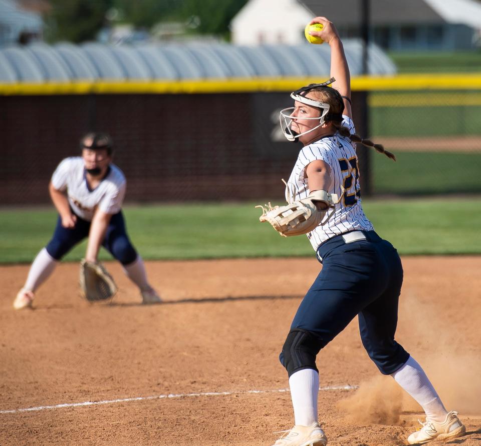 Littlestown's Chelsey Stonesifer dishes to a South Western batter during the YAIAA softball championship at Spring Grove Area School District on May 17, 2023. Stonesifer threw 184 pitches in eight innings of action, with 75% of her pitches strikes.