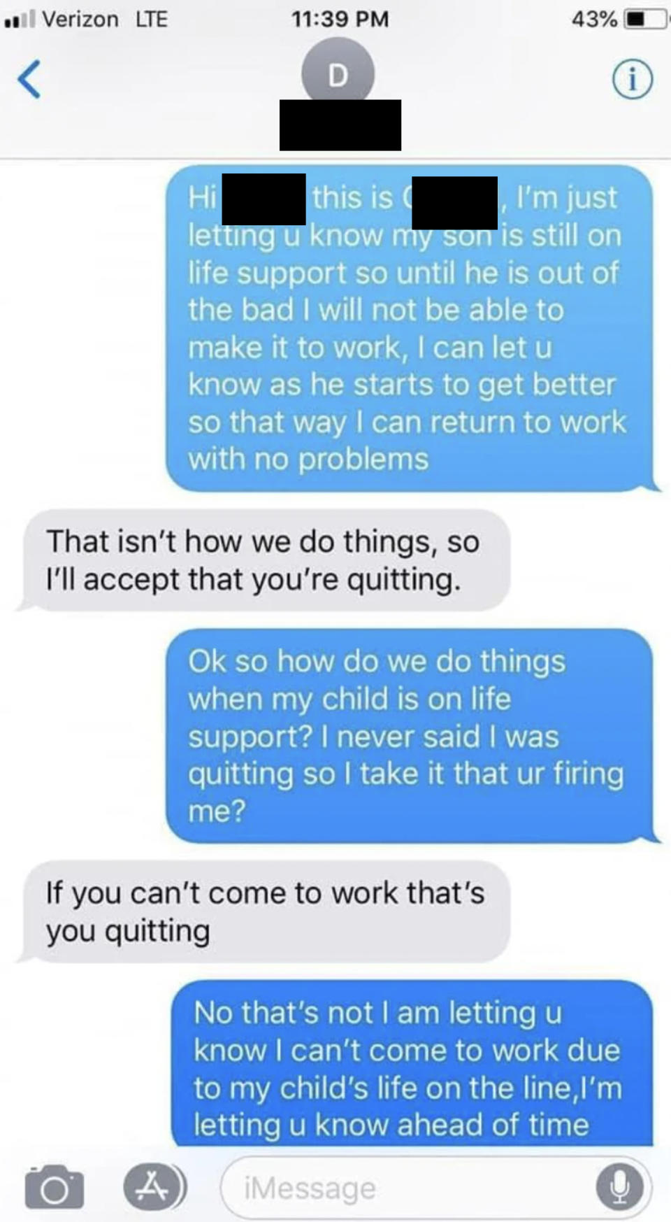 A text exchange where an employee tells their boss that their son is on life support so they can't work - the boss says they're fired if they don't come into work