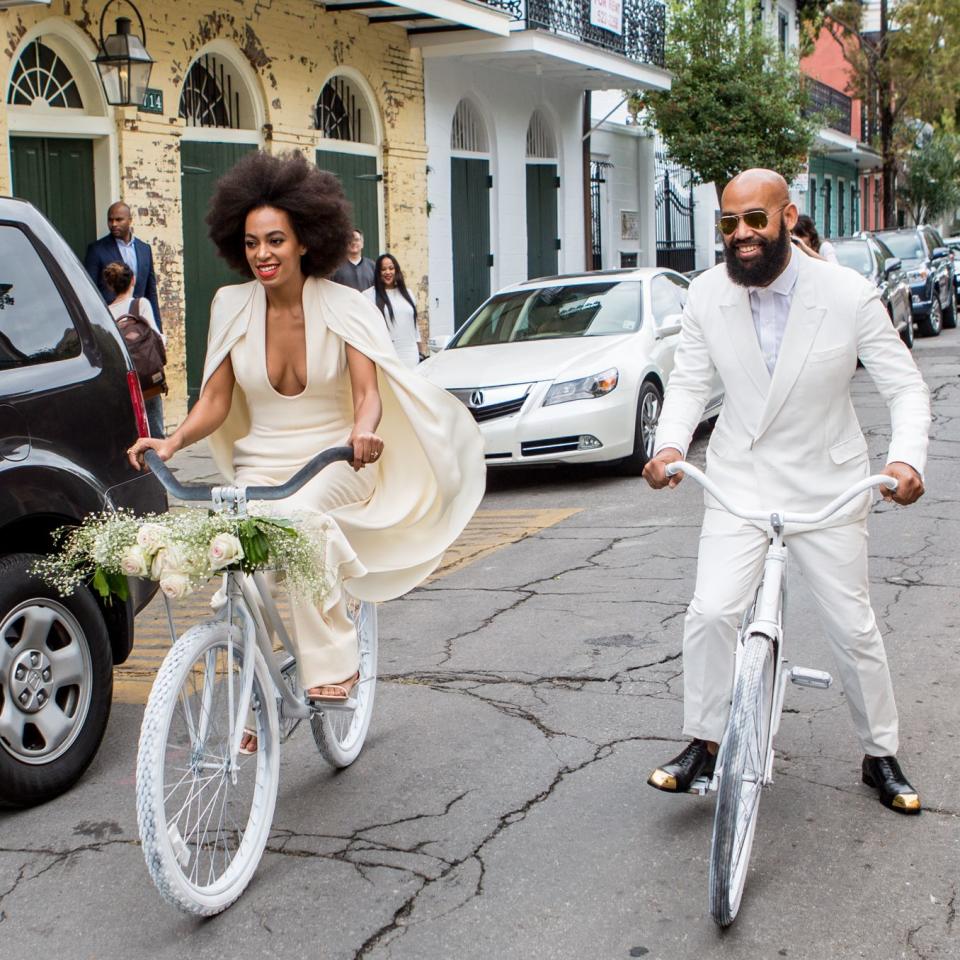<p>What better way to celebrate your nuptials than by wearing an outfit you can actually move around in? That's exactly what Solange Knowles did on her way to marry music video director Alan Ferguson in New Orleans on November 16, 2014. Her look was totally stunning, yet super comfy — she could even ride a bike in it!</p>