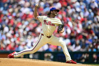 Philadelphia Phillies' Aaron Nola pitches during the second inning of a baseball game against the Toronto Blue Jays, Wednesday, May 8, 2024, in Philadelphia. (AP Photo/Derik Hamilton)