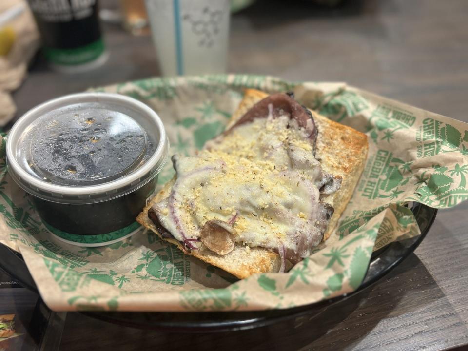 The four-inch AK-47 sandwich, or French Dip, is the perfect size if you want to grab a side of munchies or dessert. The roast beef is tender and covered in melted provolone and served with au jus on the side. Delicious!