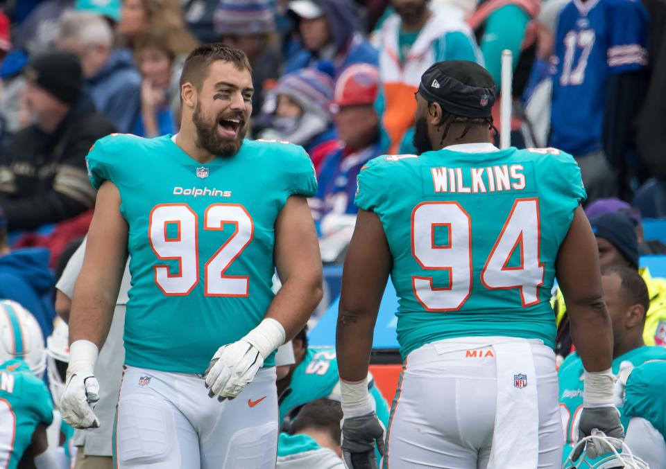 Dolphins defensive linemen Zach Sieler (92) and Christian Wilkins during a game against the Bills.