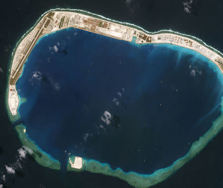 Satellite photo dated March 13, 2018 shows Mischief Reef. Planet Labs/Handout via REUTERS