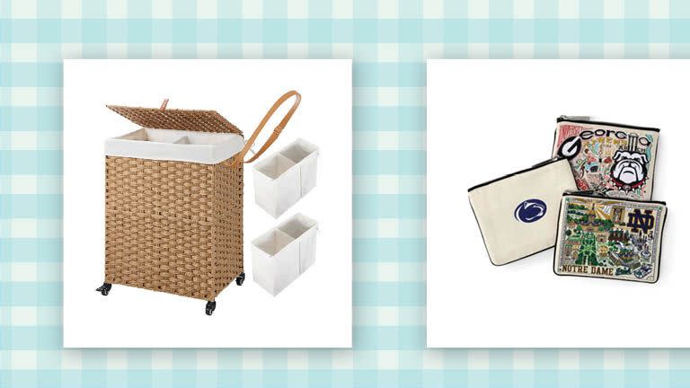 tan wicker laundry hamper with divided liner and castors and small canvas cosmetic bag with artistic college print
