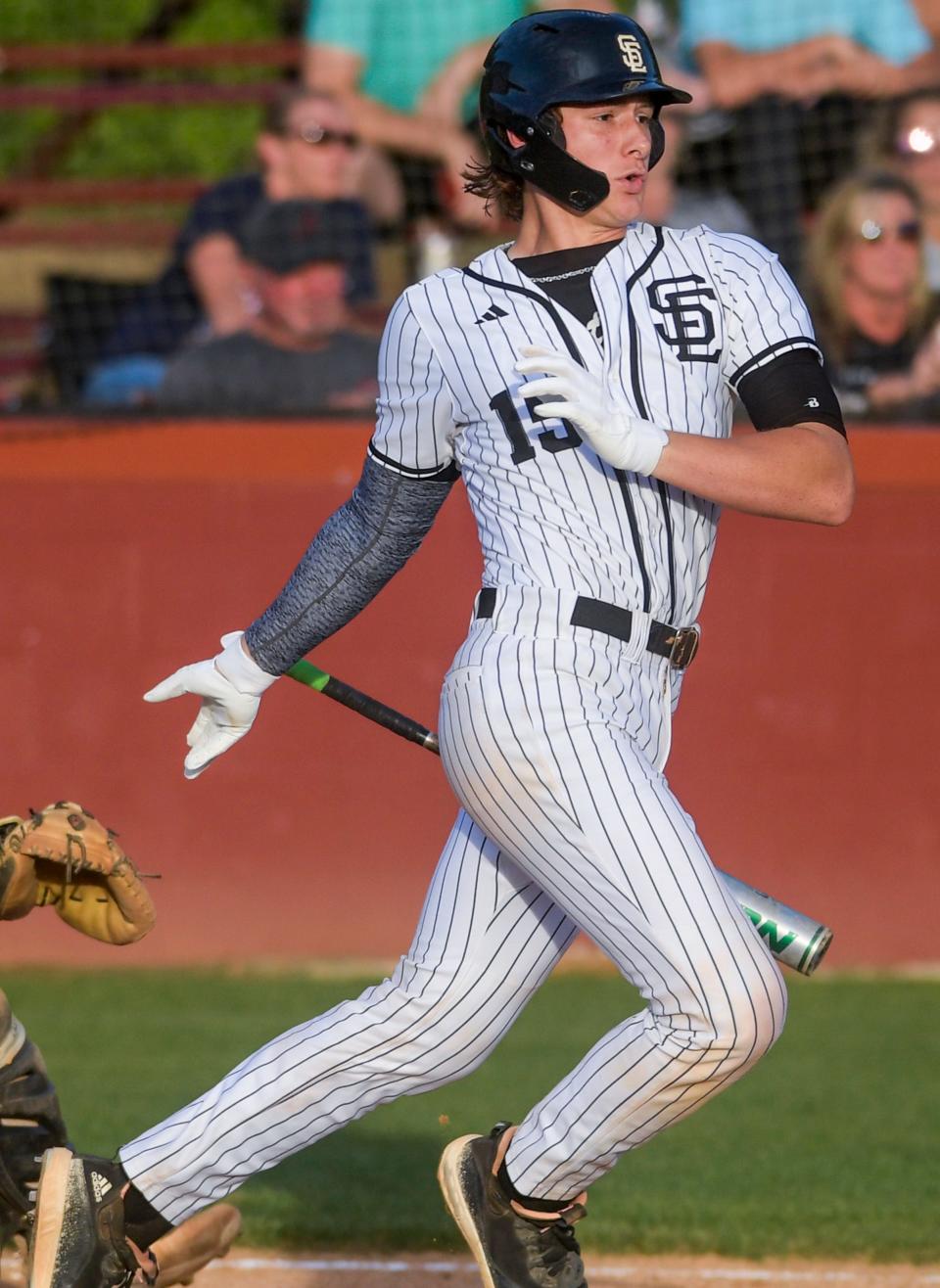 Stanhope Elmore's Colton Walls (15) hits the ball against Wetumpka during their game on the Stanhope campus in Millbrook, Ala., on Tuesday April 11, 2023. 