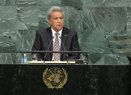 FILE PHOTO: Ecuadoran President Lenin Moreno Garces addresses the 72nd United Nations General Assembly at U.N. headquarters in New York, U.S., September 20, 2017. REUTERS/Lucas Jackson