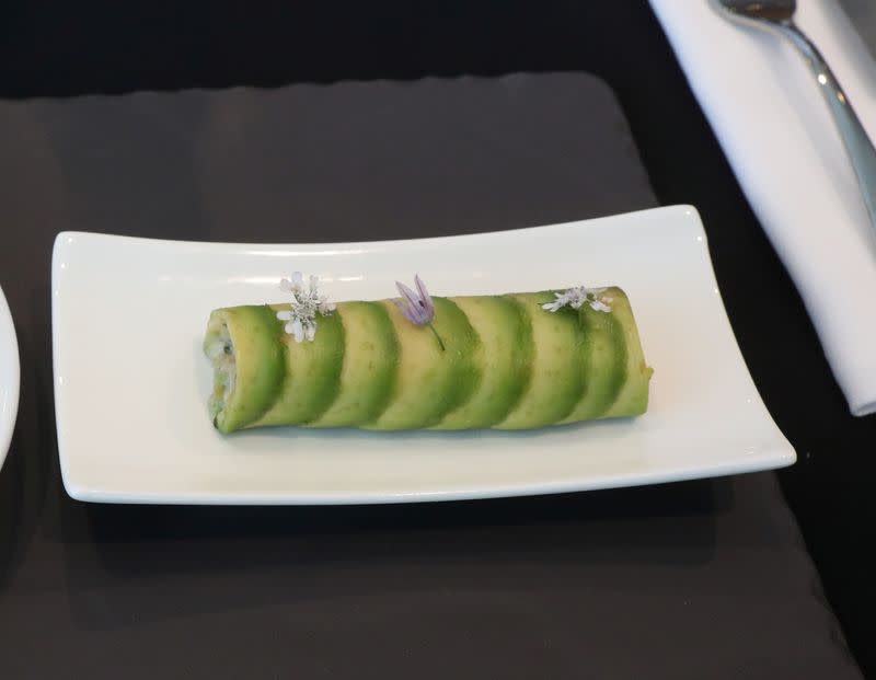 A plant-based tuna roll is seen during the launch of the Nestle R&D Accelerator in Konolfingen