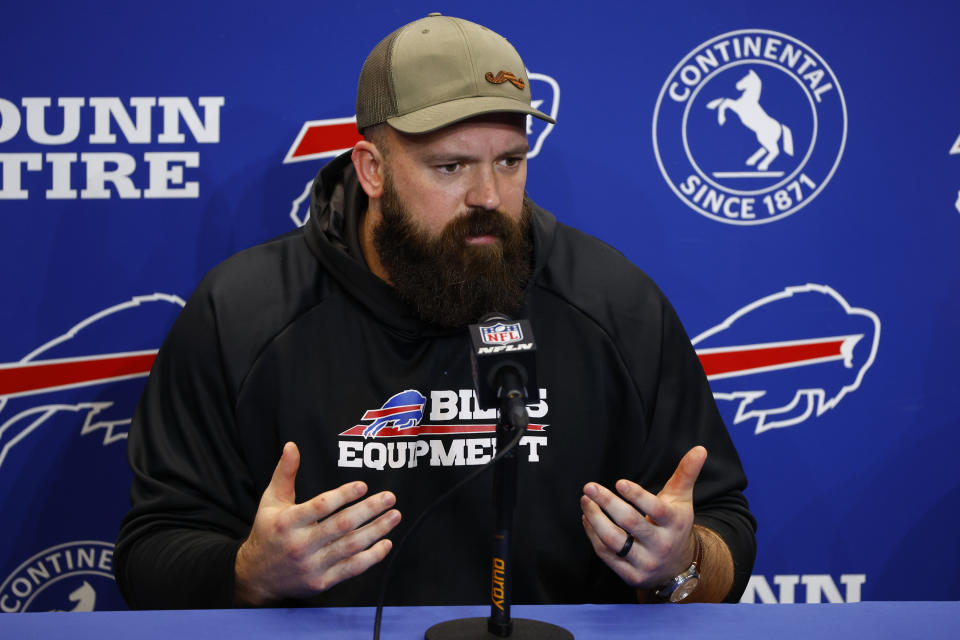 Buffalo Bills center Mitch Morse speaks with the media, Thursday Jan. 5, 2023, in Orchard Park, N.Y. Bills safety Damar Hamlin was taken to the hospital after collapsing on the field during the Bill's NFL football game against the Cincinnati Bengals on Monday night. (AP Photo/Jeffrey T. Barnes)