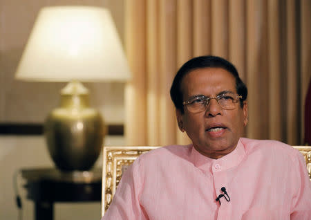 FILE PHOTO: Sri Lanka's President Maithripala Sirisena speaks during an interview with Reuters at his residence in Colombo, Sri Lanka May 4, 2019. REUTERS/Dinuka Liyanawatte/File Photo