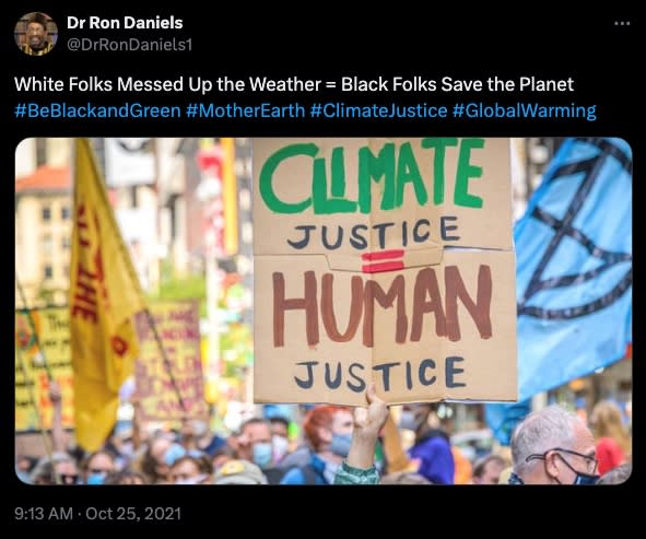 Daniels blamed white people for climate change in a post on X. X / @DrRonDaniels1