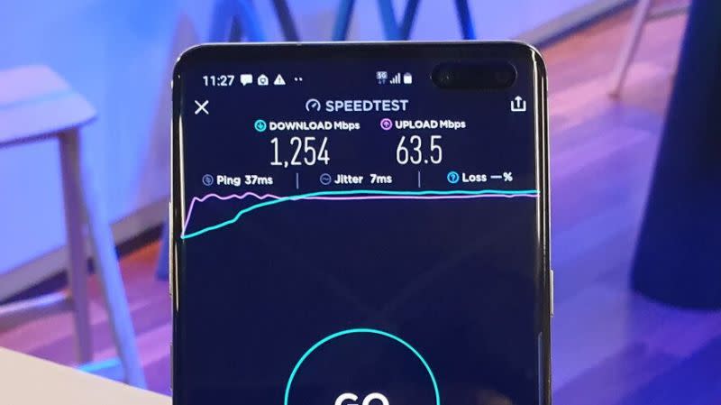 A 5G mobile speed test done at Telstra's HQ shows a mobile reaching download speeds of 1,254 megabits per second. 