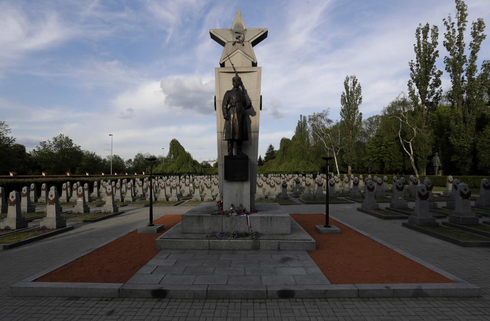 In this photo taken on Wednesday, May 6, 2020, a general view of the Soviet World War II memorial in Prague, Czech Republic. Relations between the Czech Republic and Russia have taken a turn for the worse in a series of disputes over the interpretation of historical events. Three Prague politicians whose recent actions upset Russia have been placed under police protection amid a media report that Russian intelligence services have been plotting to poison them with the deadly toxin ricin. Russia has opened a criminal investigation into Prague's removal of a war memorial to a World War II hero, among other actions that have tested diplomatic ties. (AP Photo/Petr David Josek)