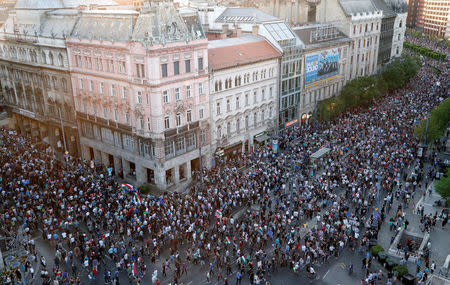 People attend a protest against the government of Prime Minister Viktor Orban in Budapest, Hungary, April 21, 2018. REUTERS/Bernadett Szabo