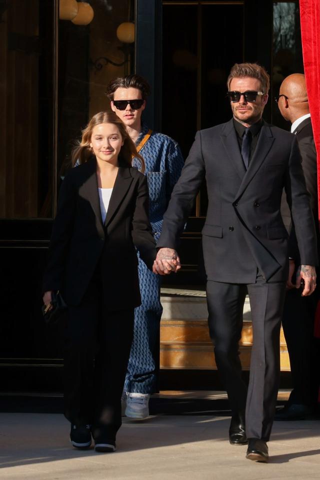 David Beckham & Daughter Harper Wear Matching Black Suits in Paris