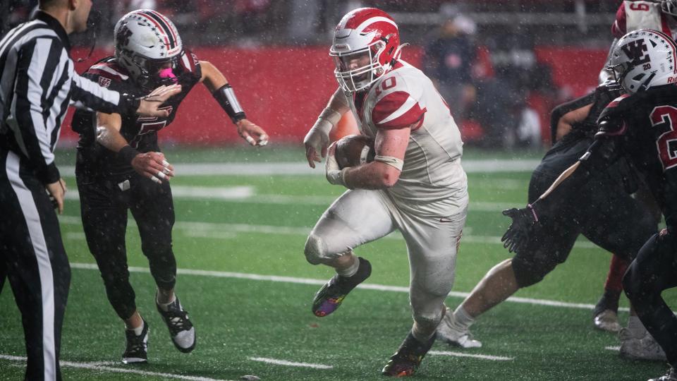 Delsea's Dan Russo runs the ball during the Group 3 state championship football game between Delsea and West Essex played at Rutgers University in Piscataway on Sunday, November 26, 2023.