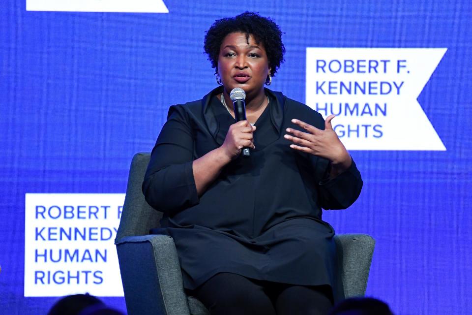 2021 Ripple of Hope award recipient Stacey Abrams speaks at the Robert F. Kennedy Human Rights Ripple of Hope Award Gala at New York Hilton Midtown on Thursday.