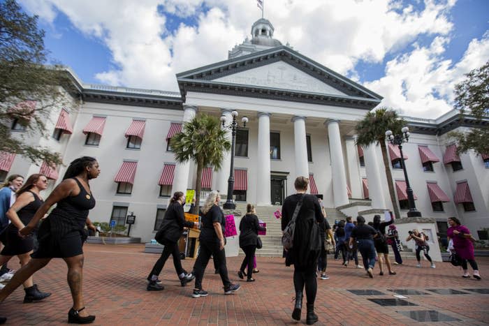 Advocates for bodily autonomy march to the Florida Capitol on Feb. 16, 2022, in Tallahassee. 