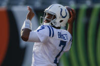 Indianapolis Colts quarterback Jacoby Brissett warms up for the team's NFL preseason football game against the Cincinnati Bengals, Thursday, Aug. 29, 2019, in Cincinnati. (AP Photo/Gary Landers)