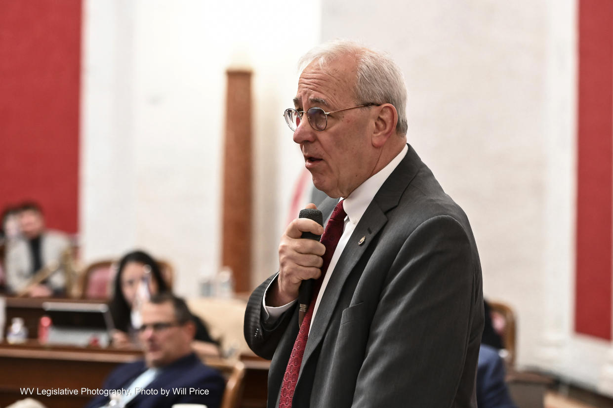 In this photo provided by West Virginia Legislative Services, state Sen. Charles Trump speaks in the Senate chambers in Charleston, W.Va., Friday, March 10, 2023. (Will Price/West Virginia Legislative Services via AP)